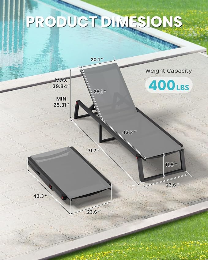 Aluminum Chaise Lounge Outdoor Set of 2, Foldable & Assembly Free Patio Pool Lounge Chairs 5-Position Recliner for Outside Poolside, Fully Grounded Legs Sun Lounger for Beach, Yard, Dark Gray