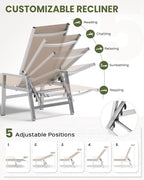 Patio Chaise Lounge Chair Outdoor with Wheels&Armrests, Aluminum Pool Lounge Chairs 5-Position Adjustable Recliner, Outdoor Beach Lounge Chairs for Poolside, Patio, Deck, Yard, Khaki