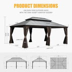 Domi 14' X 20' Hardtop Gazebo Large Outdoor Metal Gazebo with Galvanized Steel Double Roof Canopy, Aluminum Frame, Curtains and Netting for Patio, Deck, Garden, Brown