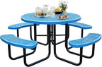 8-Person Picnic Tables for Outdoors, Industrial 46" Expanded Metal Round Picnic Table with 4 Benches & Umbrella Hole, Outside Table and Bench Set for Park, Garden, Backyard, Patio, Blue