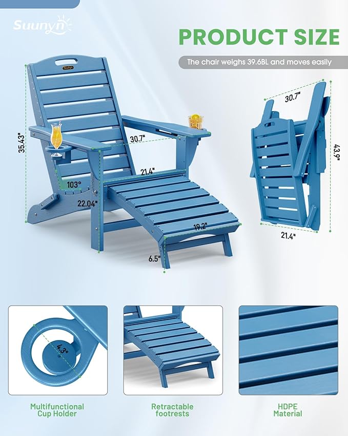Folding Adirondack Chair with Retractable Ottoman Weather Resistant Fire Pit Chair Patio Chair with 2 Cup Holder Lawn Outdoor Lounge Chair (Navy Blue)
