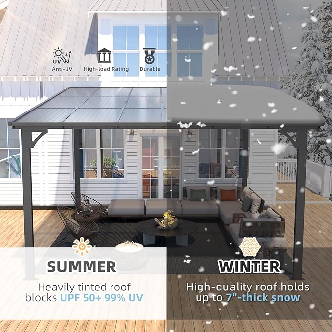 AECOJOY 12' x 12' Gazebo Outdoor Pergola for Patio, Large Wall-Mounted Hard Top Lean to Metal Gazebo Shelter Pergolas and Gazebos Clearance with Patio Roof, Heavy Duty Awnings for Patio, Decks