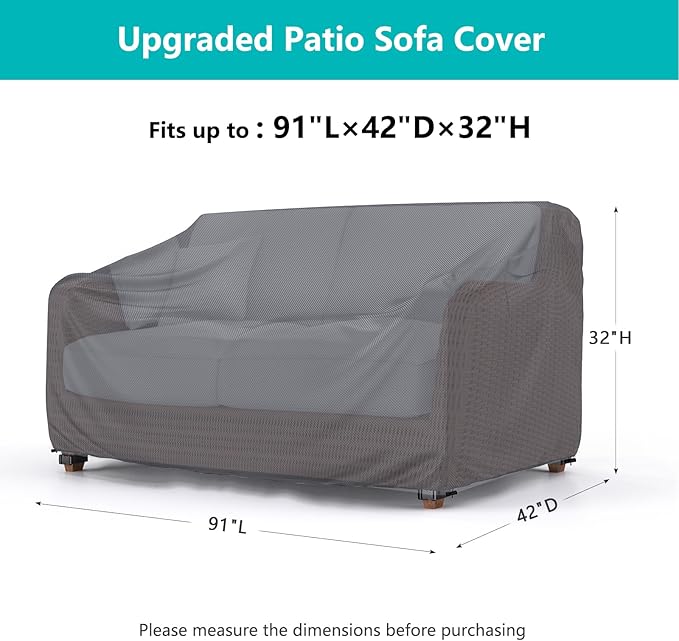 Patio Sofa Cover Waterproof - Heavy Duty 3-Seater Outdoor Couch Cover, Patio Furniture Covers with Air Vent and Handles, 90" L ×42" D×32" H, Gray
