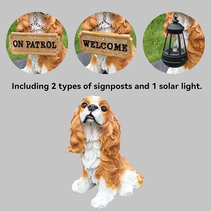 Sunny Cavalier King Charles Spaniel Solar Welcome Dog Statue, Hand-Painted Sitting Resin Puppy Figurine with Dual Signs and Lantern for Garden, Patio, and Front Porch Décor