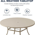 VICLLAX 53" Outdoor Round Patio Dining Table for 8, All Weather Metal Dining Table with Umbrella Hole for Deck Lawn Garden Backyard, Sandshell