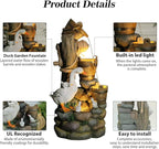 4-Tiers Cascading Outdoor Water Fountain, 31.9'' Tall Duck & Wooden Bucket Stump Waterfall Garden Fountains with LED Lights & Pump Water Feature Resin for Patio, Deck, Yard, Home Decor