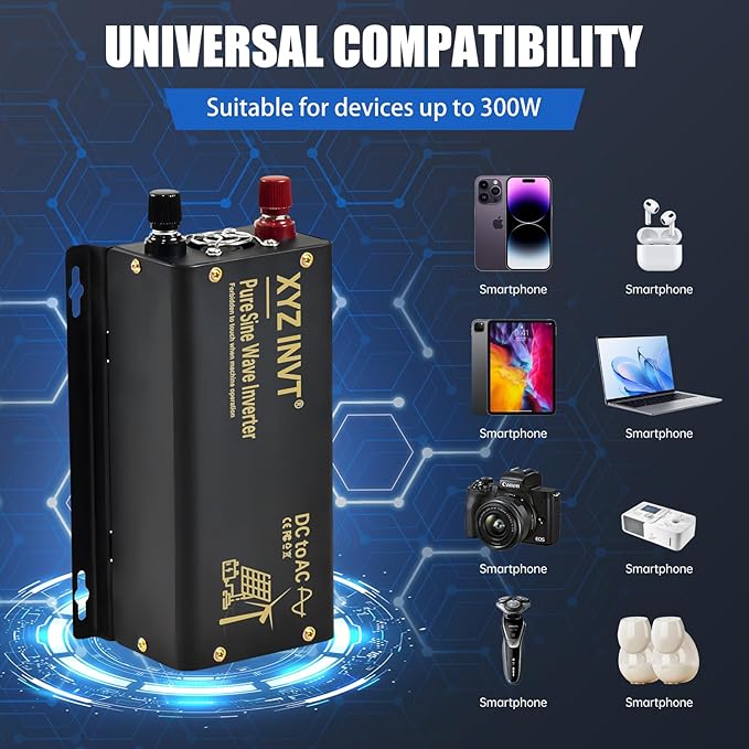 300W Pure Sine Wave Inverter DC 12V to AC 110V 120V Power Converter 600W Peak with LED Display for Most Small Power Appliances