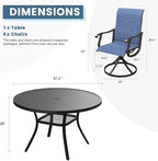 DIFY 7 Pieces Outdoor Patio Dining Set, 6 Blue Textilene Swivel Dining Chairs and 47.2" Black Round Dining Table, Metal Outdoor Table and Chairs