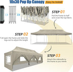 HOTEEL 10x30 Pop up Canopy Tent for Parties, Heavy Duty Easy Setup Tent with 8 Sidewalls, Outdoor Commercial Instant Gazebo for Wedding Event, with Portable Bag & Sand Bags, Khaki(Hexagonal Frame)