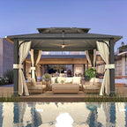 YOLENY 12’x 14’ Gazebo with Galvanized Steel Roof, Double Roof Design with Anti-Rust Coating, Outdoor Gazebos with Curtains and Netting, Sunshade for Gardens, Lawns, Deck