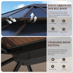 10'x12' Hardtop, Double Roof Gazebo, Aluminum Frame Permanent Pavilion with Netting and Curtains, Outdoor Polycarbonate Gazebo, for Patios, Gardens, Lawns