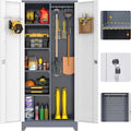 GREATMEET 72.8" Broom Storage Cabinet, Utility Cabinets for Brooms and Mops, Metal Storage Cabinets for Cleaning Supplies, Utility Closet for Garage, Grey&White