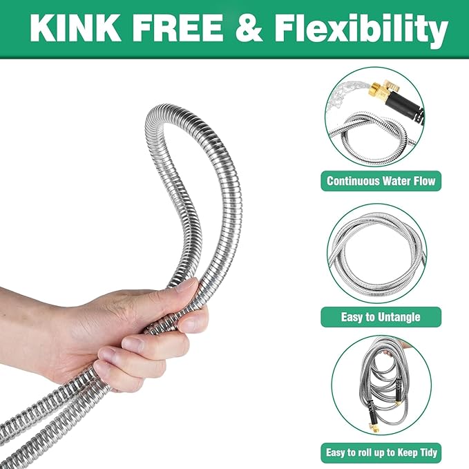 Metal Garden Hose 100Ft Stainless Steel Water Hose Heavy Duty with 10 Way Nozzle-Flexible Lightweight Durable No Kink & Tangle，Strong 3/4’’ Solid Metal Fitting a Stop Valve for Outdoor Yard