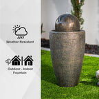 XBrand 25.98" H Round Stone Indoor/Outdoor Modern Stone Textured Sphere Water Fountain w/LED Lights, Ball Water Fountain Decor, Garden Sphere Fountain, Patio Fountain, Outdoor Fountain, Bronze