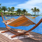 Lazy Daze Hammocks Cotton Fabric Spreader Bar Hammock and 10.5 Ft Wood Arc Hammock Stand Combo, for Indoor, Outdoor, Patio, Garden, Backyard, Khaki and Brown