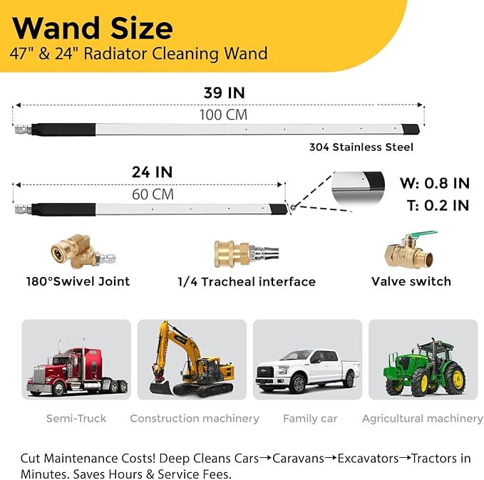 39 Inch Radiator Cleaning Wand, 4500 PSI Stainless Steel Radiator Cleaner Wand with Quick Connector, Dual Water & Air Blow Gun Adapter for Trucks, RVs, Heavy Equipment Pressure Washer