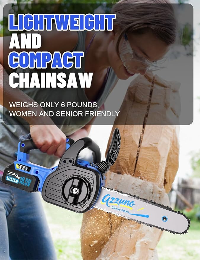 AZZUNO 12 Inch Electric Chainsaw Cordless With Tool-Free Chain Tensioning and Auto Lubrication, Brushless Battery Powered Chain Saw Kit For Tree&Wood Cutting,Battery and Charger Included.