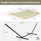 SUNCREAT Cotton Rope Hammock for Two People with Hardwood Spreader Bars, Quilted Fabric Pad & Detachable Pillow, Extra Large Hammock with 12 FT Steel Stand, Ipad Bag & Cup Holder, Green&Beige