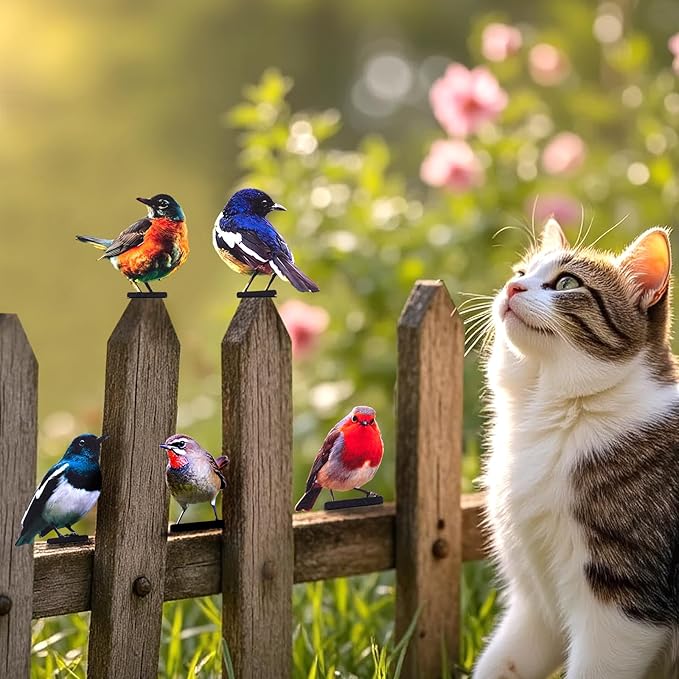 HUYIENO 5PCS Vivid Metal Birds Fence Decor Color Painted Outdoor Garden Natural Bird 2D Sculptures for Outdoor Fences, Patio, Garden and Bird Lovers