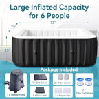 4-6 Person Inflatable Hot Tub, Large Square Blow Up Portable Hot Tub, Leak-Proof PVC Outdoor Spa with 130 Air Jets, Insulated Cover and Heater Pump, 73” X 73”X 25”