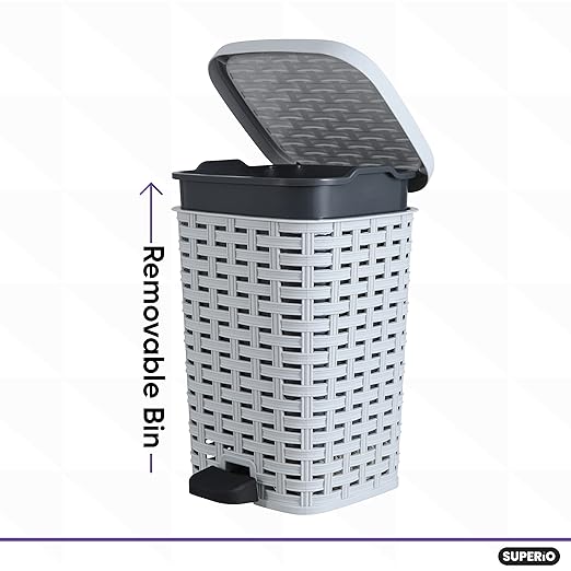 Superio Small Outdoor Trash Can with Lid for Dog Poop 1.5 Gallon/6 L Mini Plastic Garbage Can with Foot Pedal for Bathroom, Bedroom, Office, Patio, Wicker Smoke