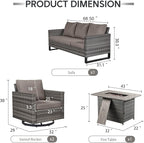 4 Piece Wicker Patio Furniture with Fire Pit Table - Outdoor Conversation Set with 50,000 BTU Fire Pit, All Weather Rattan Patio Set for Deck Backyard Garden - Grey Wicker Grey Cushion