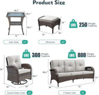 6 Piece Patio Furniture Set - Wicker Patio Conversation Set with Swivel Glider, 3-Seater Sofa, Tempered Glass Side Table and 2 Ottomans for Deck Backyard - Brown Wicker Beige Cushion