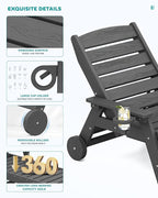 SERWALL Patio Chaise Lounge Chair Set of 6, 5 Positions Adjustable Poly Outdoor Lounge Chair for Pool, HDPE Lounge Chair with Rolling Wheels & Cup Holder for Poolside, Deck, Slate Gray