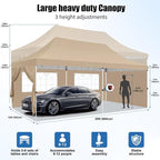 COBIZI 10x20 Pop Up Canopy with 6 Sidewall, Commercial Canopy UPF 50+ Waterproof Outdoor Gazebo with Carry Bag, Tents for Parties with Upgrade Frame, 3 Height Adjustable, Khaki