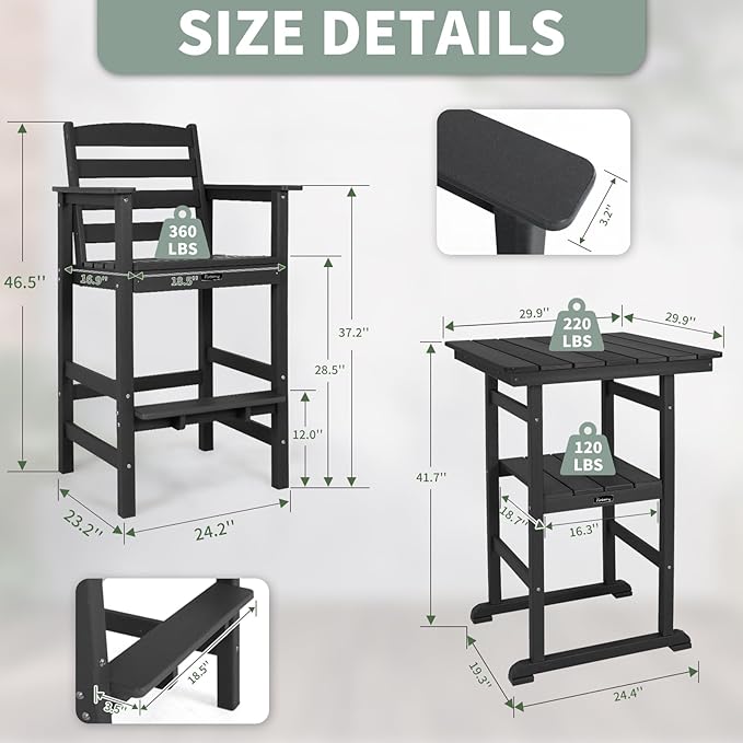 FUNBERRY Outdoor Bar Set with Umbrella Holes, Tall Adirondack Chairs and Table, All Weather HDPE Bar Height Outdoor Table and Chairs Set for Bistro Patio Balcony