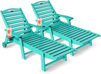 Lounge Chair Outdoor Set of 2, HDPE Chaise Lounge Chair Outdoor with 6-Position & Wheels &Cup Holder, Pool Lounge Chair for Pool Poolside Deck Backyard Patio, Lake Blue