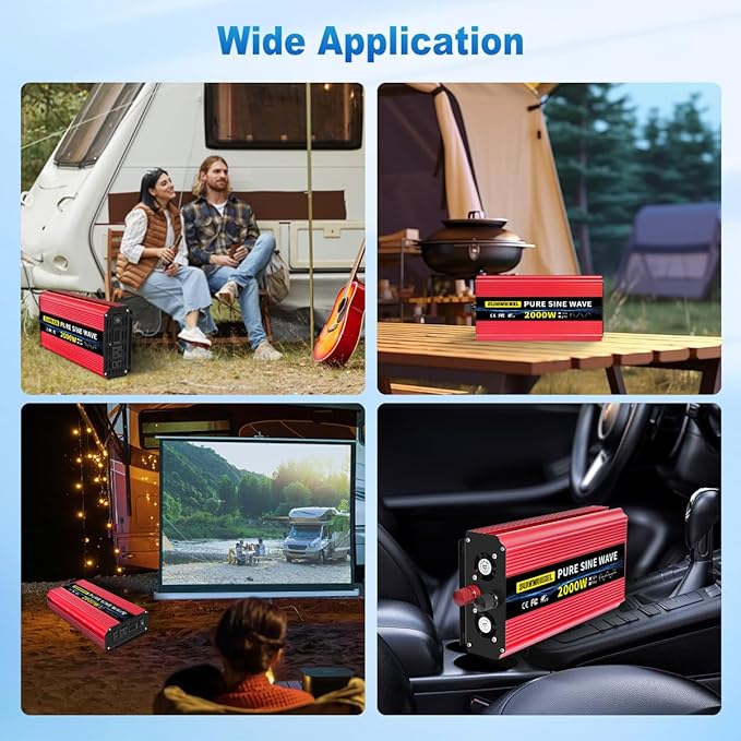SUNWHEEL 2000W Pure Sine Wave Inverter, 12V DC to 110V/120V AC Power Inverter for RV、Microwave、Off Grid、Truck、Refrigerator、Air Conditioner with 2 AC outlets and LCD Display