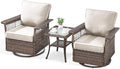 Outdoor Swivel Glider Chairs - 3 Pieces Hollow Widen Armrests Wicker Patio Furniture Set with Side Table, High Back Outside Swivel Rocker for Balcony Porch Deck and Yard - Brown/Beige