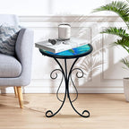 HONGLAND Outdoor Side Table, 12" Round Small Outdoor Glass End Table, Glass Plant Stand, Small Bistro Coffee Table for Garden Patio Porch Living Room （Peacock）