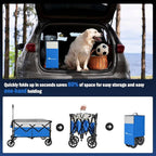 Moon Lence Collapsible Folding Wagon Cart Heavy Duty Folding Garden Portable Hand Cart with All-Terrain Beach Wheels, Adjustable Handle & Drink Holders (Blue & Ivory)