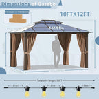 Aoxun 10'x12' Hardtop Gazebo, Aluminum Frame Permanent Pavilion with Curtains and Netting, Outdoor Polycarbonate Double Roof Canopy with String Lights, for Garden, Lawns, Patio, Brown