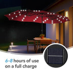 GREEN PARTY 15 ft Rectangle Patio Umbrella with Solar Lights and Base Included, Double-Sided Market Table Umbrella with Crank, Large Outdoor Umbrellas for Patio Poolside Garden Backyard, Burgundy Red