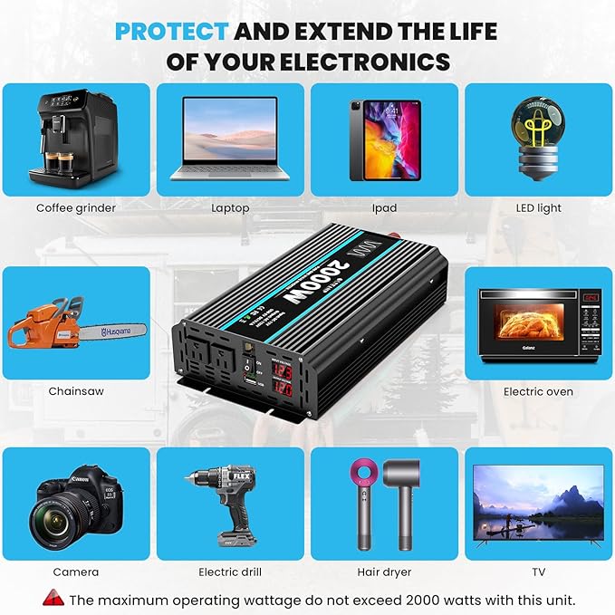 2000 Watts Pure Sine Wave Inverter 12V DC to 110/120V AC Power Inverter with 2 AC Outlets, 3.1A USB Port, LCD Display, Remote Controller, Car Power Converter for Truck, Home, Vehicles, Boat