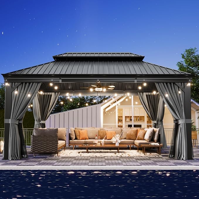 Aoxun 12' X 16' Permanent Hardtop Gazebo Aluminum Gazebo with Galvanized Steel Double Roof for Patio Lawn and Garden, Curtains and Netting Included, Grey