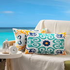 Outdoor Waterproof Throw Pillow Covers Set of 4 Floral Printed and Boho Farmhouse Outdoor Pillow Covers for Patio Funiture Garden 12x20 Inch Blue
