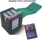 AFIING MTG Deck Box for Commander Display,Card Deck Box Fits 100 Double Sleeved Cards,Magic Commander TCG Card Storage Box with 2 Dividers,Dice Bag and Toploader Black Green
