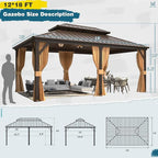 MELLCOM 12'x18' Hardtop Gazebo, Metal Double Roof Aluminum Gazebos with Curtain and Netting,Brown Permanent Galvanized Steel Pavilion for Patio, Lawn & Deck