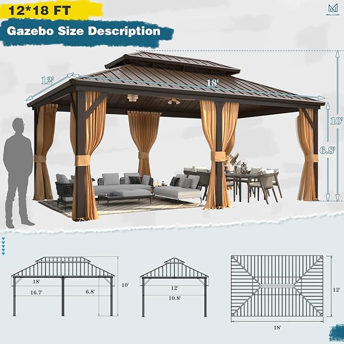 MELLCOM 12'x18' Hardtop Gazebo, Metal Double Roof Aluminum Gazebos with Curtain and Netting,Brown Permanent Galvanized Steel Pavilion for Patio, Lawn & Deck