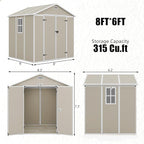 Outdoor Shed 5x3/6x4/7x7/8x6/8x10/8x12 FT, 15MM Thick PP Resin Plastic Shed with Lockable Door & Floor - Waterproof Plastic Tool Shed for Bike, Garbage Can, Backyard, Patio ﻿ ﻿ (Light Brown, 8x6FT)