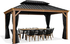 PURPLE LEAF 10' X 14' Outdoor Hardtop Gazebo for Patio Galvanized Steel Double Roof Permanent Canopy Teak Finish Coated Aluminum Frame Pavilion Gazebo with Netting
