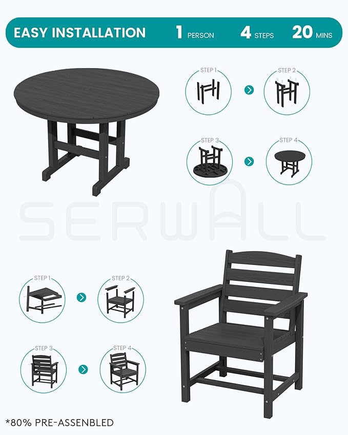 SERWALL 5-Piece Outdoor Round Dining Sets, HDPE Patio Table and Chairs Furniture Set, 45" Round Dining Table and 4 Dining Chairs, Black