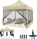 COBIZI 10x10 Heavy Duty Pop Up Canopy Tent with 4 Sidewalls, Commercial Gazebo Party Tent with Mosquito Netting Wall Easy Set Up Outdoor Instant Screen Canopy for Backyard, Patio, Garden, Khaki