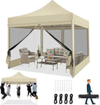 COBIZI 10x10 Heavy Duty Pop Up Canopy Tent with 4 Sidewalls, Commercial Gazebo Party Tent with Mosquito Netting Wall Easy Set Up Outdoor Instant Screen Canopy for Backyard, Patio, Garden, Khaki