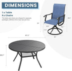 DIFY 7 Pieces Outdoor Patio Dining Set, 6 Blue Textilene Swivel Dining Chairs and 47.2" Black Round Metal Dining Table, Outdoor Table and Chairs