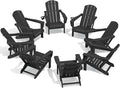 SERWALL Folding Adirondack Chair Set of 8, Adjustable Adirondack Chair with 3 Recline Positions, All Weather HDPE Outdoor Adirondack with Cup Holders, Black